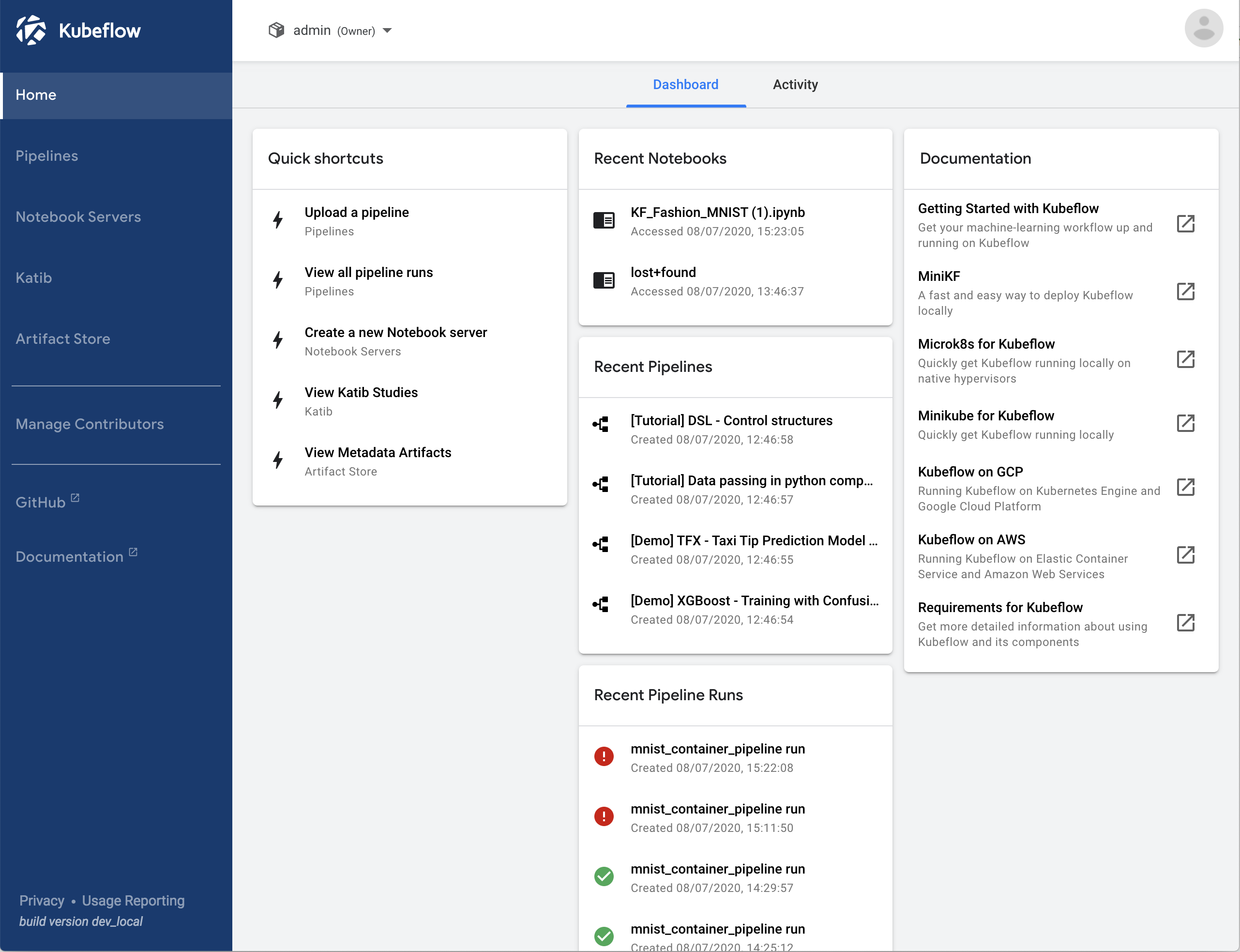 Kubeflow's dashboard