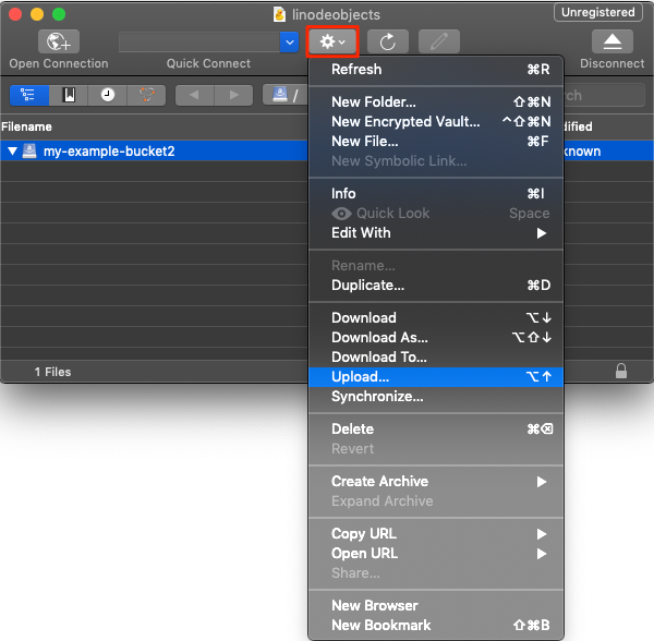 Click the 'Action' button to use the file upload dialog.